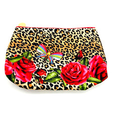 Estee Lauder Cosmetic Bag Leopard Print w Flowers  Butterfly Zip Closure NEW