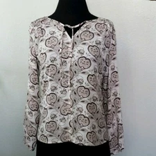 LOFT Tie-Neck Cream Pattern Blouse S