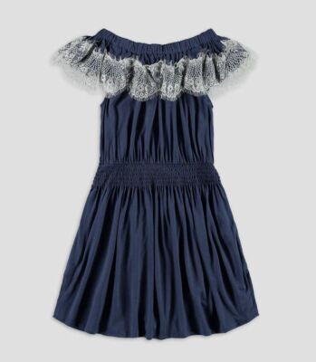 $125 Ella Moss Kids Girl's Blue Lace Trim Smocked Off-Shoulder Jersey Dress  12 | eBay
