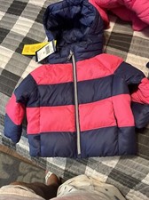 Ralph Lauren Down Puffer Coat Jacket Pink & Blue Hooded Baby Girl’s Size 9 M