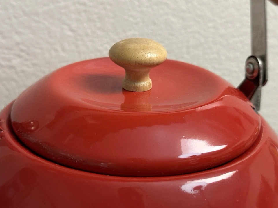 Vintage Mid Century Scandinavian Danish Red Enamel Tea Kettle Teapot Wood Handle - Image 4 of 4