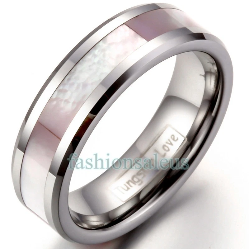Alianza de boda con anillo de carburo de tungsteno polaco de 6 mm para mujer con incrustaciones de concha rosa Foto 2 de 4