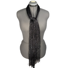 Black Sparkly Slinky Sheer Fringed Scarf 17" X 70" Party Holiday