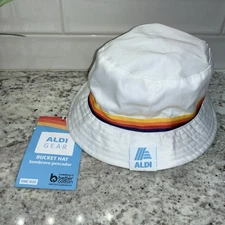 Aldi Gear Retro Logo Bucket Hat White Rainbow Stripe Reversible One Size