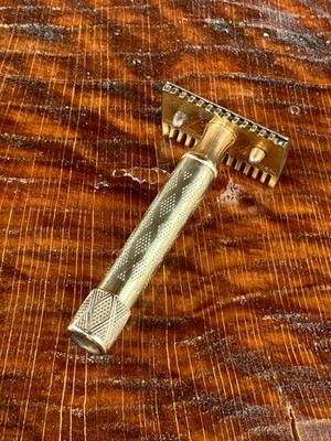 ANTIQUE 1920 PATENT GILLETTE BRASS DE SAFETY RAZOR FAT HANDLE  GOLD PLATED #87