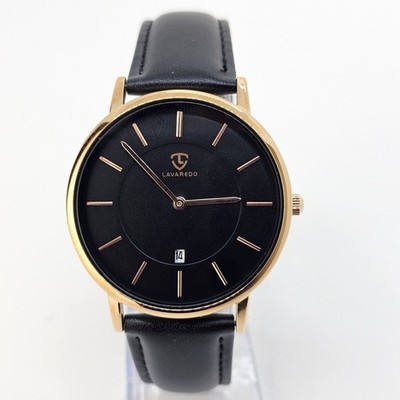 40MM Men's Minimalistic Watch Black Dial Date Black Leather Band Straps