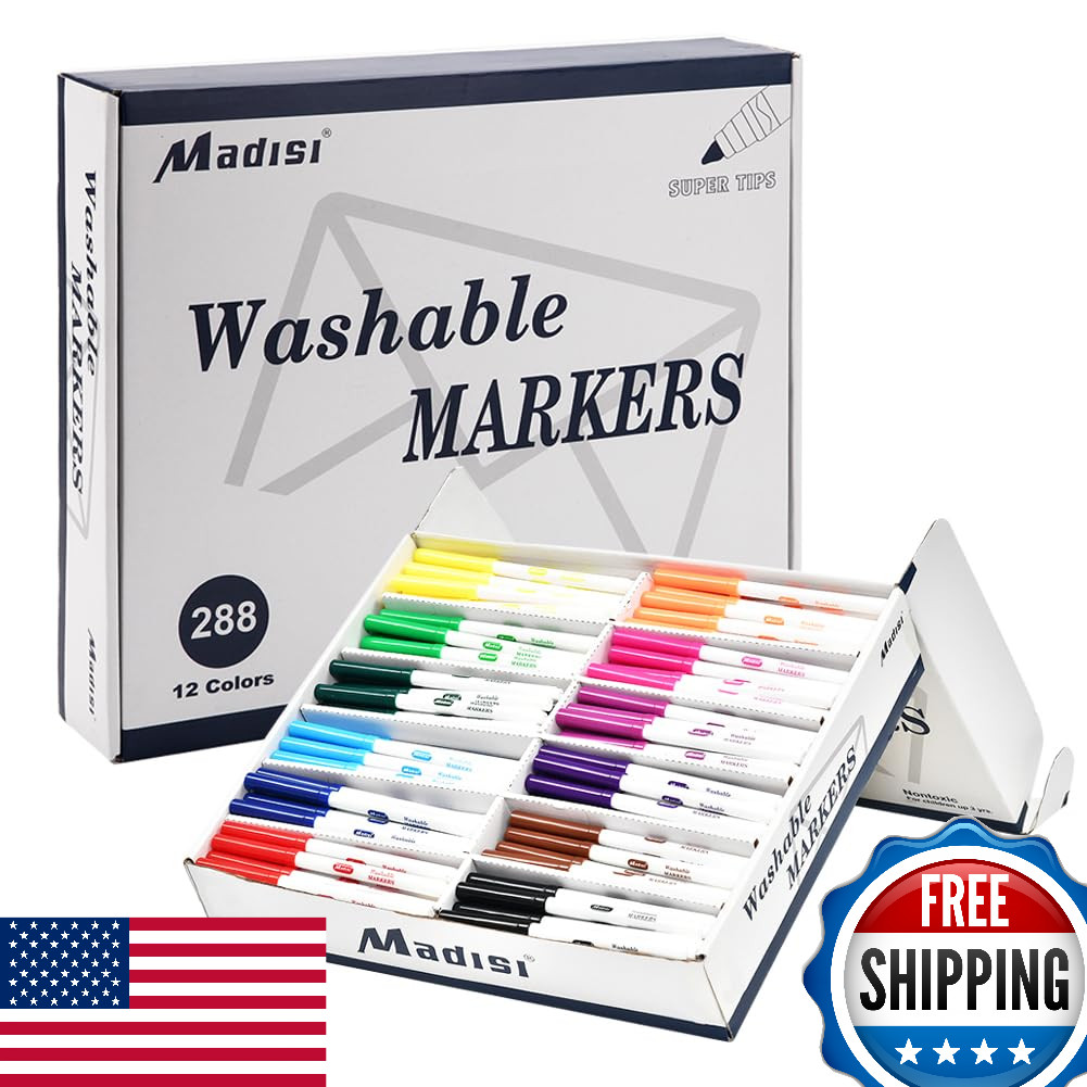 Madisi Washable Markers, Super Tips Markers, Assorted Colors, Classroom Bulk Pac
