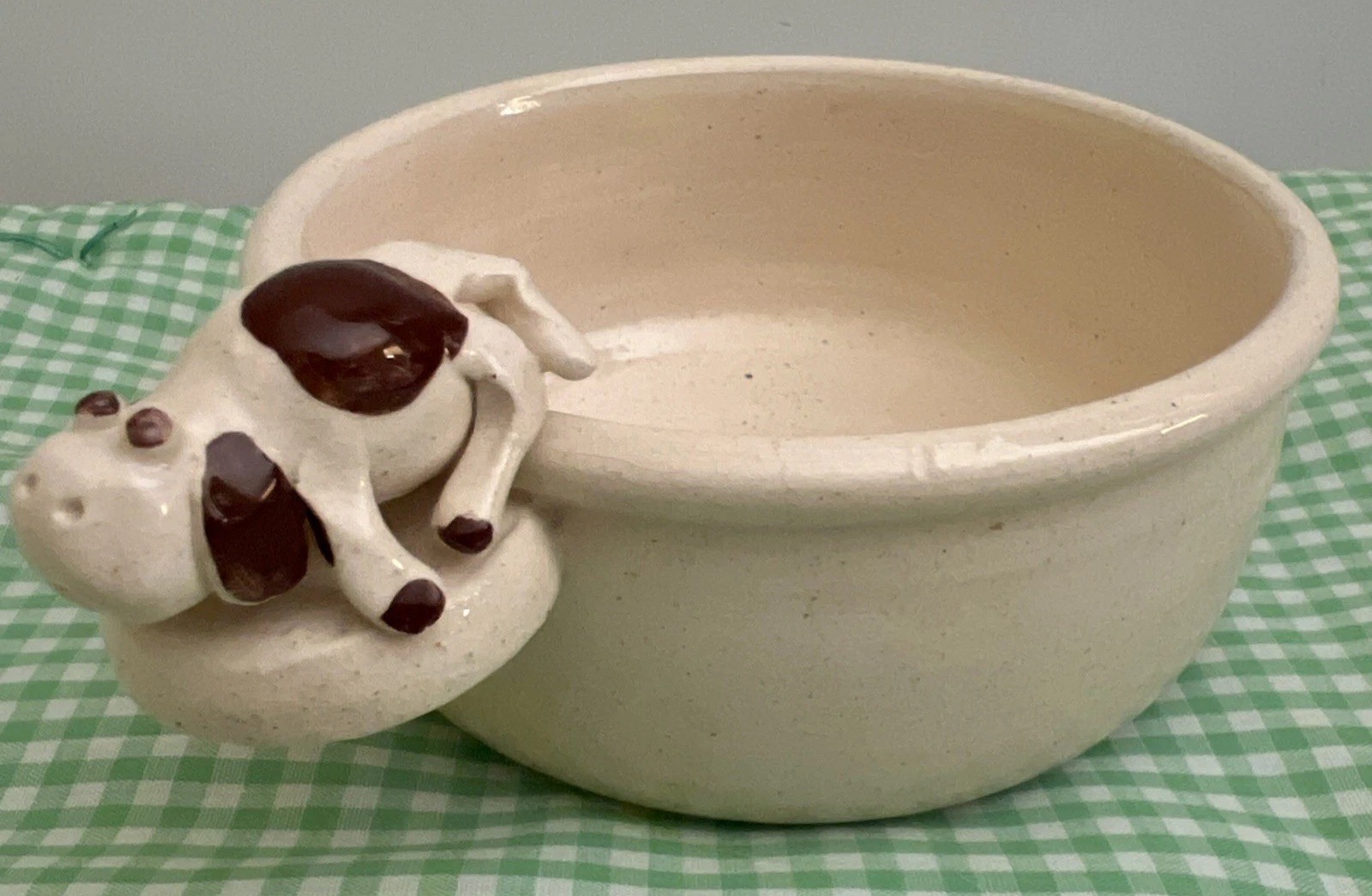 Water Bowl White Dog Brown Spots Glazed Studio Pottery Signed 5"