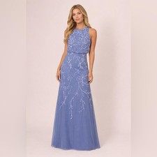  360 Adrianna Papell Beaded Mesh Gown Blue Floral Formal Bridesmaid SZ 6 NWT