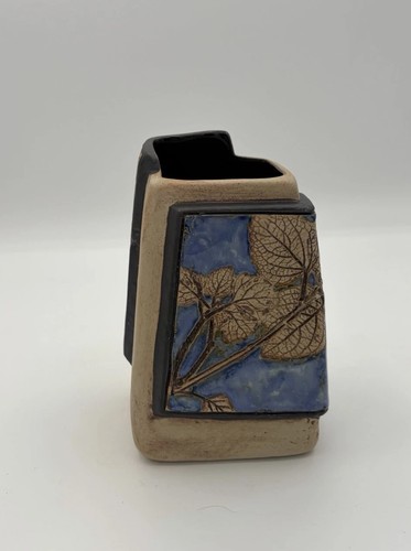 Tenmoku Pottery Malaysia Impressed Leaves Blue Tan Abstract Art Pottery Vase 5"