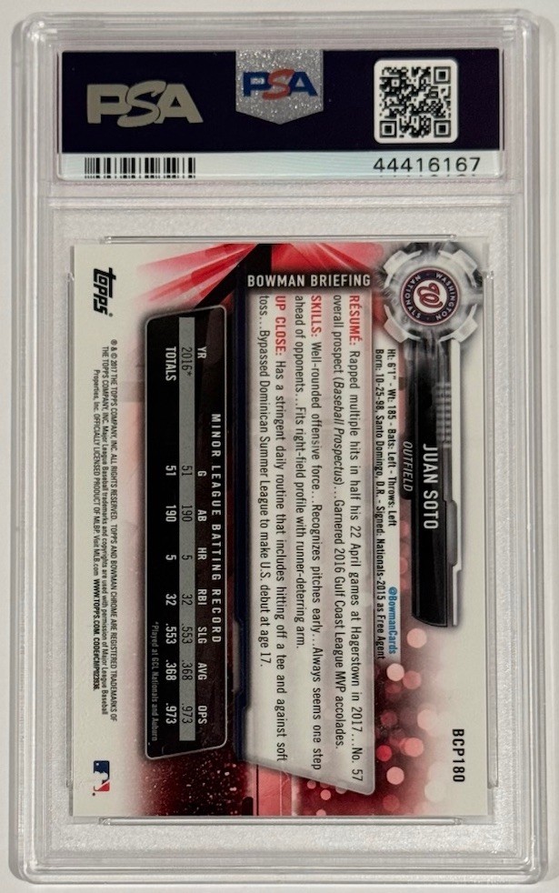 2017 Bowman Chrome #BCP180 Juan Soto Purple Shimmer Refractor PSA 10 Low Pop view 2