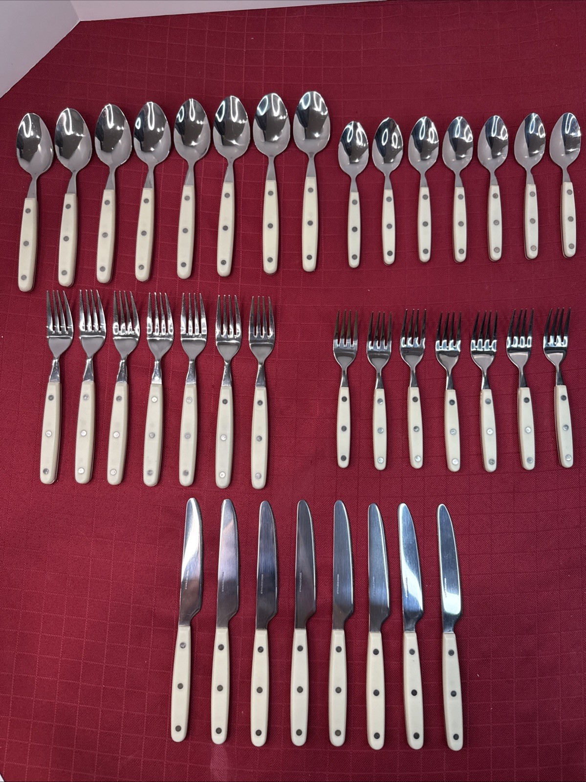 Ivory Plastic 3 Rivet Handle Stainless Flatware Lot Of 37 Pc