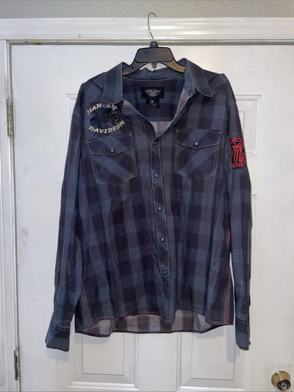 Harley-Davidson Mens Blue Plaid Button Down Shirt W/Logo XXL