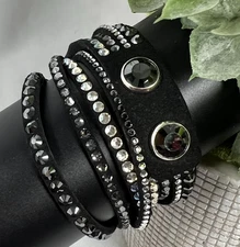 Swarovski Slake Deluxe Jet Black Wrap Bracelet Crystal Vegan Suede Rocker Glam