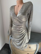 Calvin Klein Gold Dress S 4 Womens Sheath Glam Stretch Long Slv Classic V Money