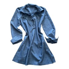 Women’s Shein Plunging Drawstring Neck Dress Long Sleeve Blue Size Small