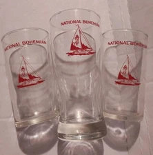 Vintage National Bohemian Beer Natty Boh Red Sailboat Glasses Set