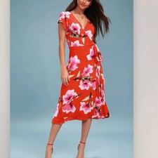 NWT Lulus Have Love Will Travel Coral Red Floral Gauze Wrap Midi Dress Size XL