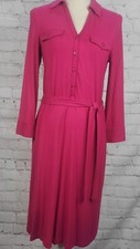 Talbots Size S Hot Pink Knit Shirt Dress Long-sleeved Collared With Belt Midi 