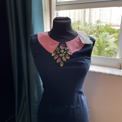 French connection Linen Navy Blue Pink Collar Rhinestones NWT dress 0 | eBay