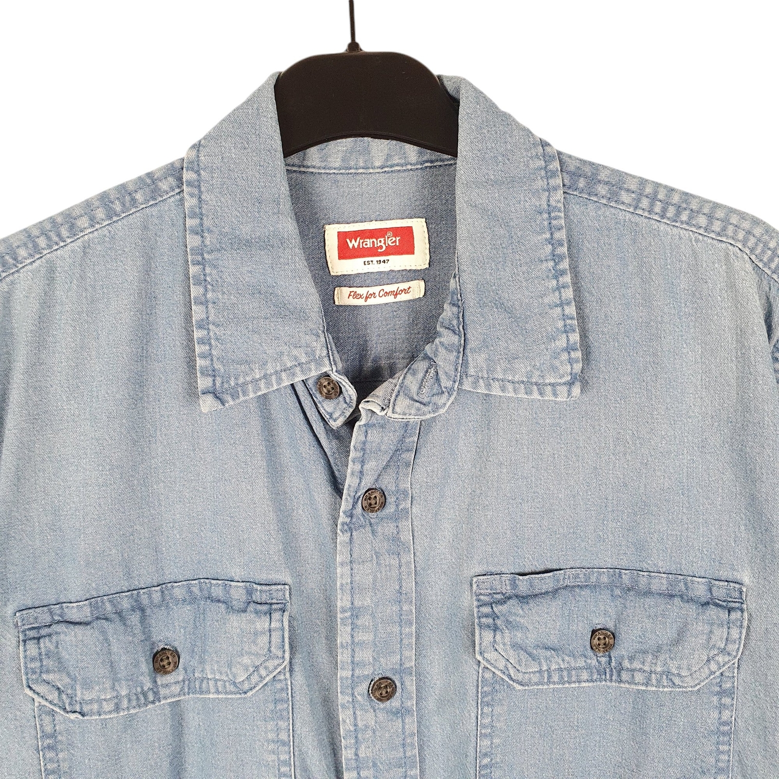 WRANGLER Blue Shirt Denim Jeans Chambray Work Comfort Stretch Short Sleeve S image 2