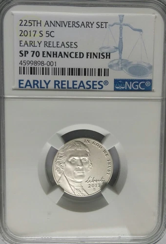NGC SP70 2017-S JEFFERSON Nickel Enhanced Finish 225th Anniversary US Mint Top >