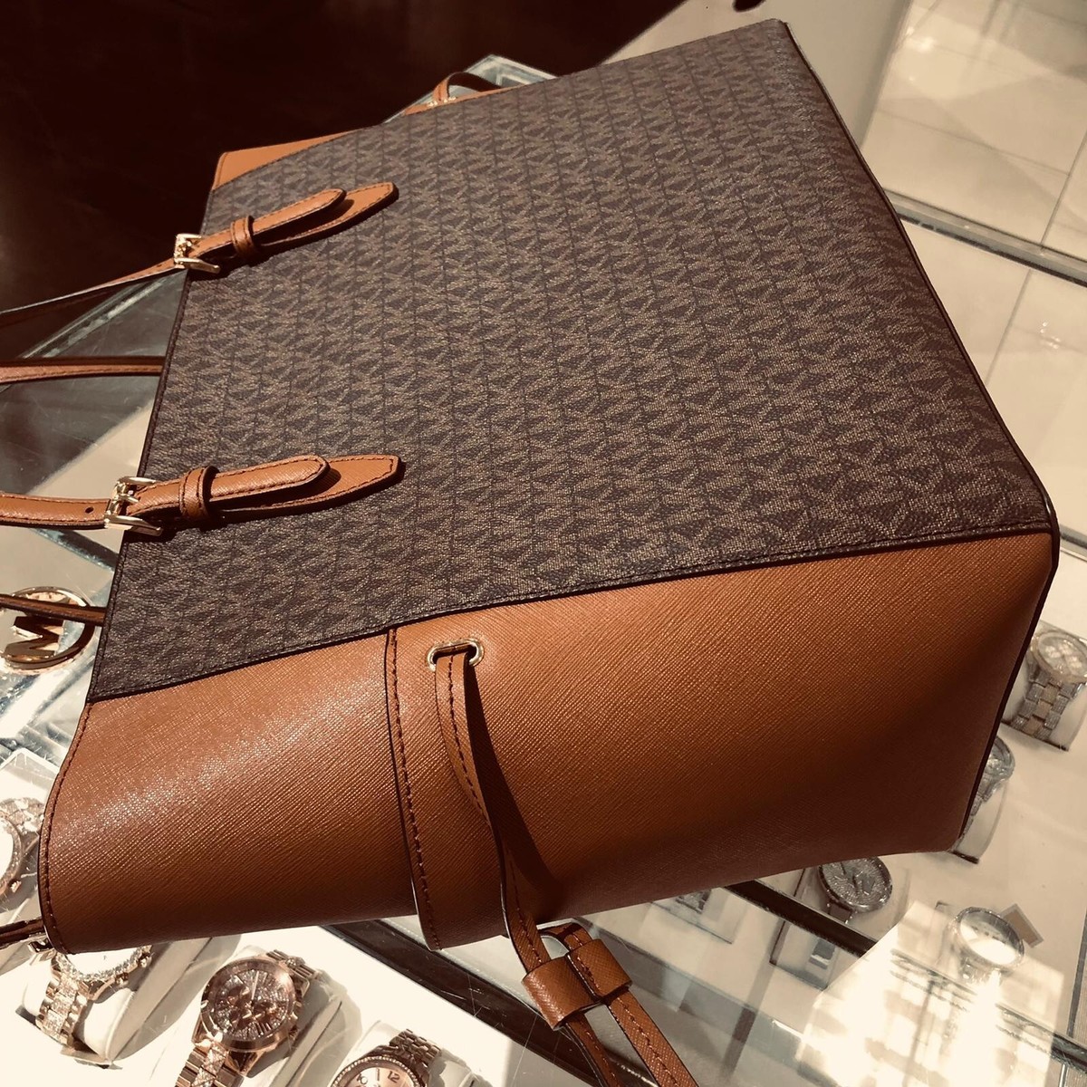 Michael Kors Gilly Large Top Zip Shoulder Tote Brown MK Signature  