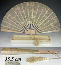 Antique French Painted Embroidered Silk Fan, 35.5 cm Wood Guards, Silver  Lace