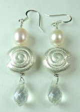 Silver Colored Swirls Freshwater Pearls Briolette Crystal Earrings Handmade