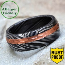 Customized Hammered Copper Inlay Damascus Steel Ring Men's Him Band Hand Forged