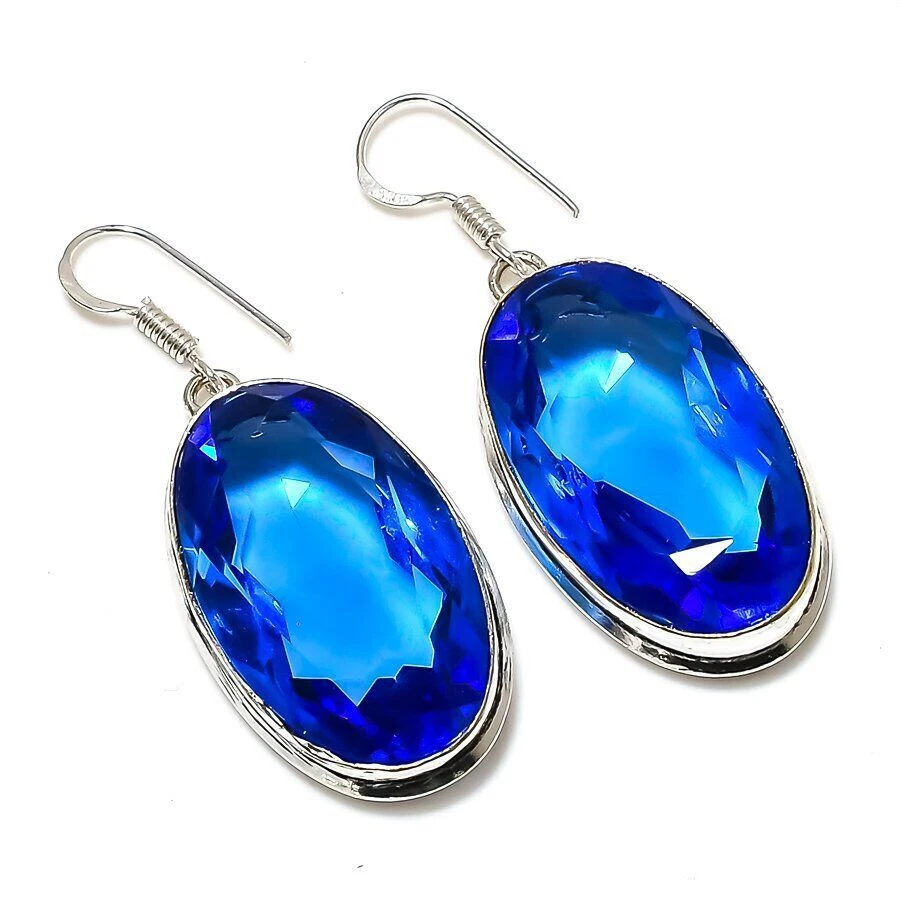 Orecchini Pendenti In Argento 925 Con Vero Topazio Blu London – Design Fiore E Foglia - 3