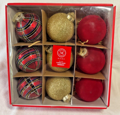 Martha Stewart CHRISTMAS ORNAMENTS (9)TARTAN PLAID GOLD RED VELVET