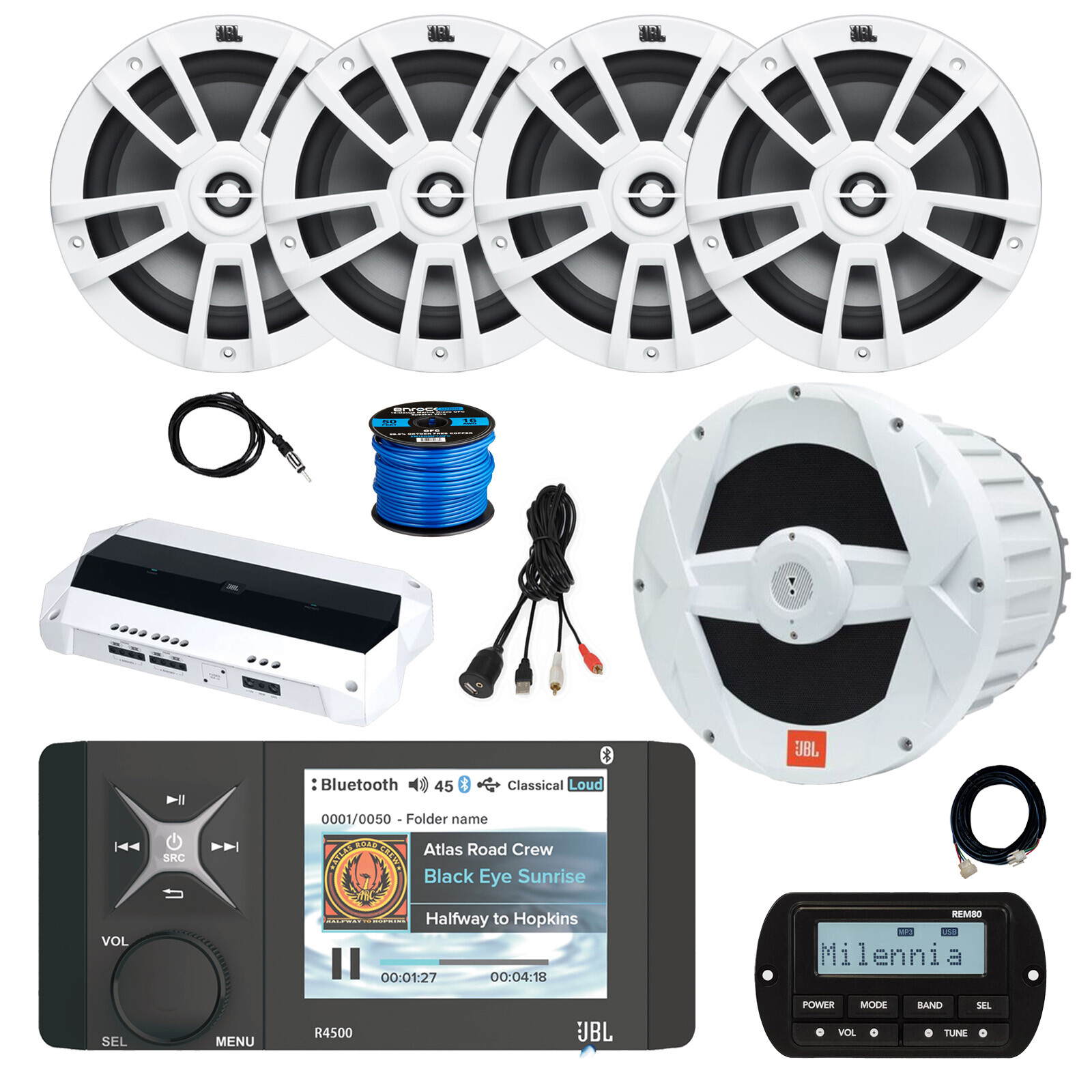 JBL Marine Bluetooth AM/FM/WB Radio, Remote, 4x Speakers, Sub, Amp, Accessories