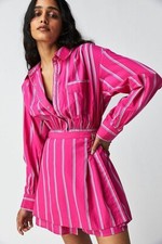 Free People High Vibrations Stripe Mini Shirt Dress, Pink, Small, RRP $148