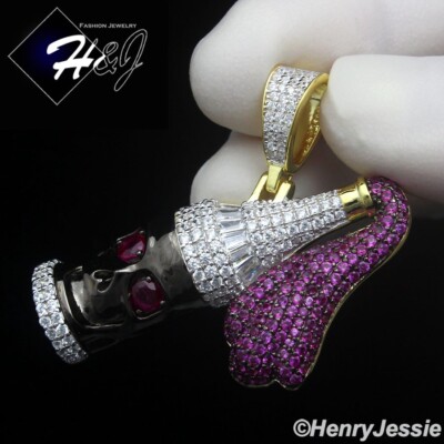 925 STERLING SILVER ICY CZ GOLD PLATED 3D HIPHOP WINE BOTTLE SKULL PENDANT*GP517