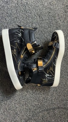 Giuseppe Zanotti Men s Black Leather High Top Sneakers Lace Up Zip Gold Tone