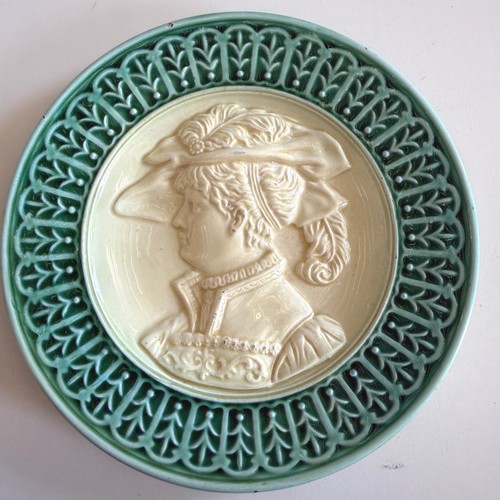 Vintage Majolica Cameo Portrait Plate Green Glazed Relief Lady 6.25 Inch cottage