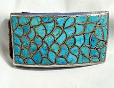 Vintage Southwestern Turquoise Mosaic Scale Inlay Belt Buckle Silver Rectangle