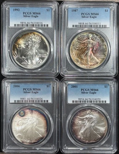 1987, 1992, 2001, & 2006 Rainbow Toned American Silver Eagles - PCGS MS66