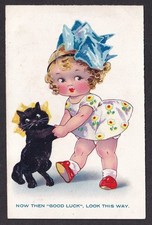 Vintage art postcard Black Cat & Girl - Good Luck
