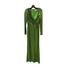 IEENA for Mac Duggal Dress Womens 2 Green Metallic Draped Long Sleeve Gown 26684