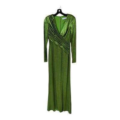 IEENA for Mac Duggal Dress Womens 2 Green Metallic Draped Long Sleeve Gown 26684