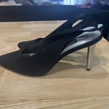 Stuart Weitzman Black Satin Slingback Metal Heels W/ Swarovski Crystal Elegant