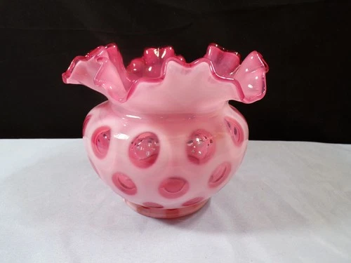 Fenton Cranberry Opalescent Glass Coin Dot Large Rose Bowl Vase INV2