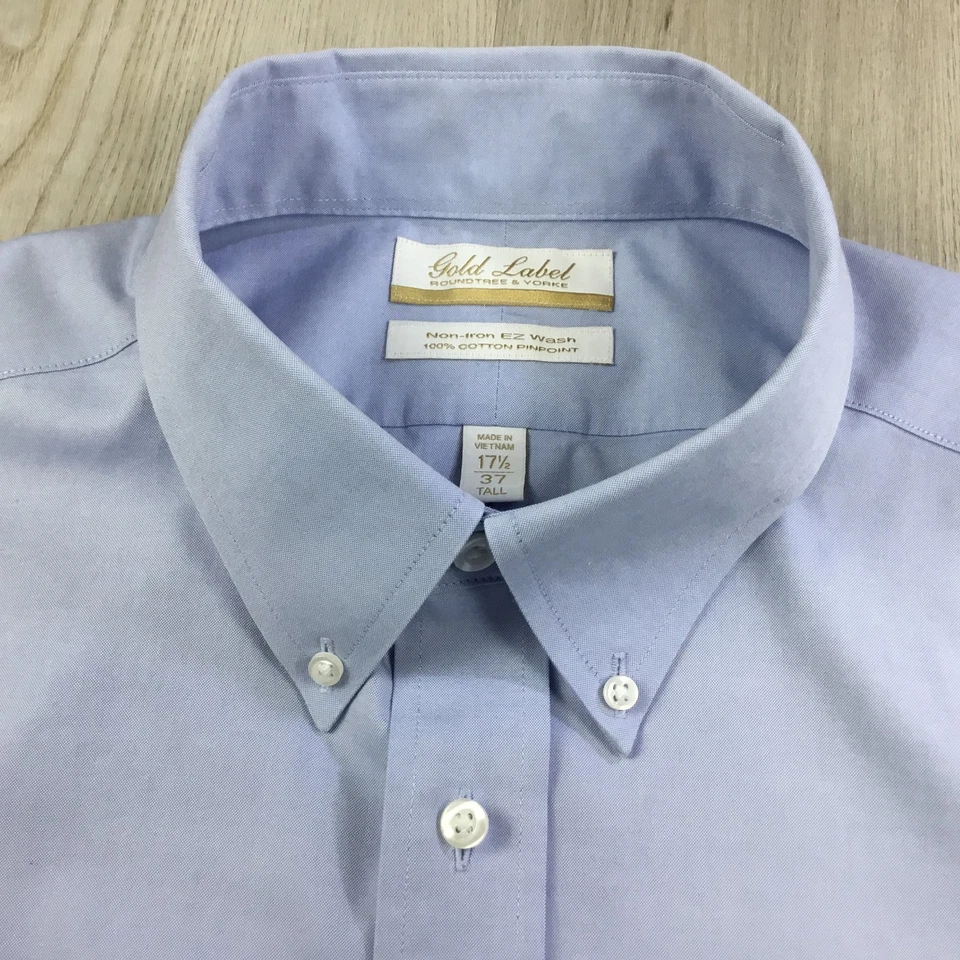 Camisa Roundtree Yorke Para Hombre 17 1/2 37 Alta Azul Dorado Etiqueta Pinpoint Manga Larga Foto 3 de 4