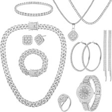 13 Pieces Silver Jewelry Set for Women Stainless Steel Cuban Link Necklaces Brac
