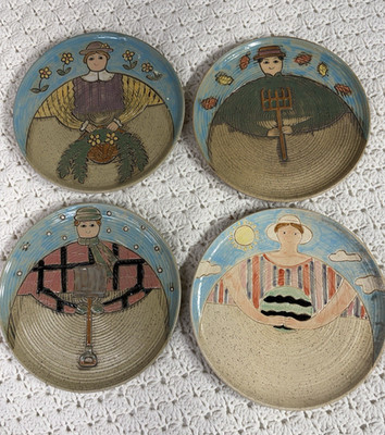 Folk Craft Studio Art Hand Painted Set of 4 Plates 8  Stoneware by Shafford