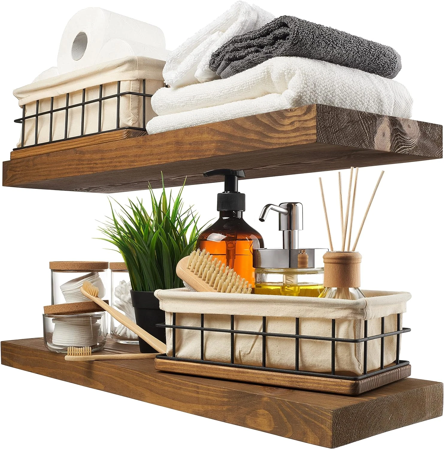 Rustic Walnut Floating Shelves Set of 2 - 24 Inch Wall Mounted Decor
