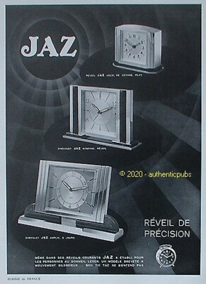 JAZ AD PRECISION ALARM CLOCK JOLIC NYMPHIC AMPL 1937 FRENCH AD PUB
