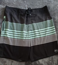 O'Neill Men's Size 38 Black Green Striped Board Shorts Surf Swim Beach Trunks
